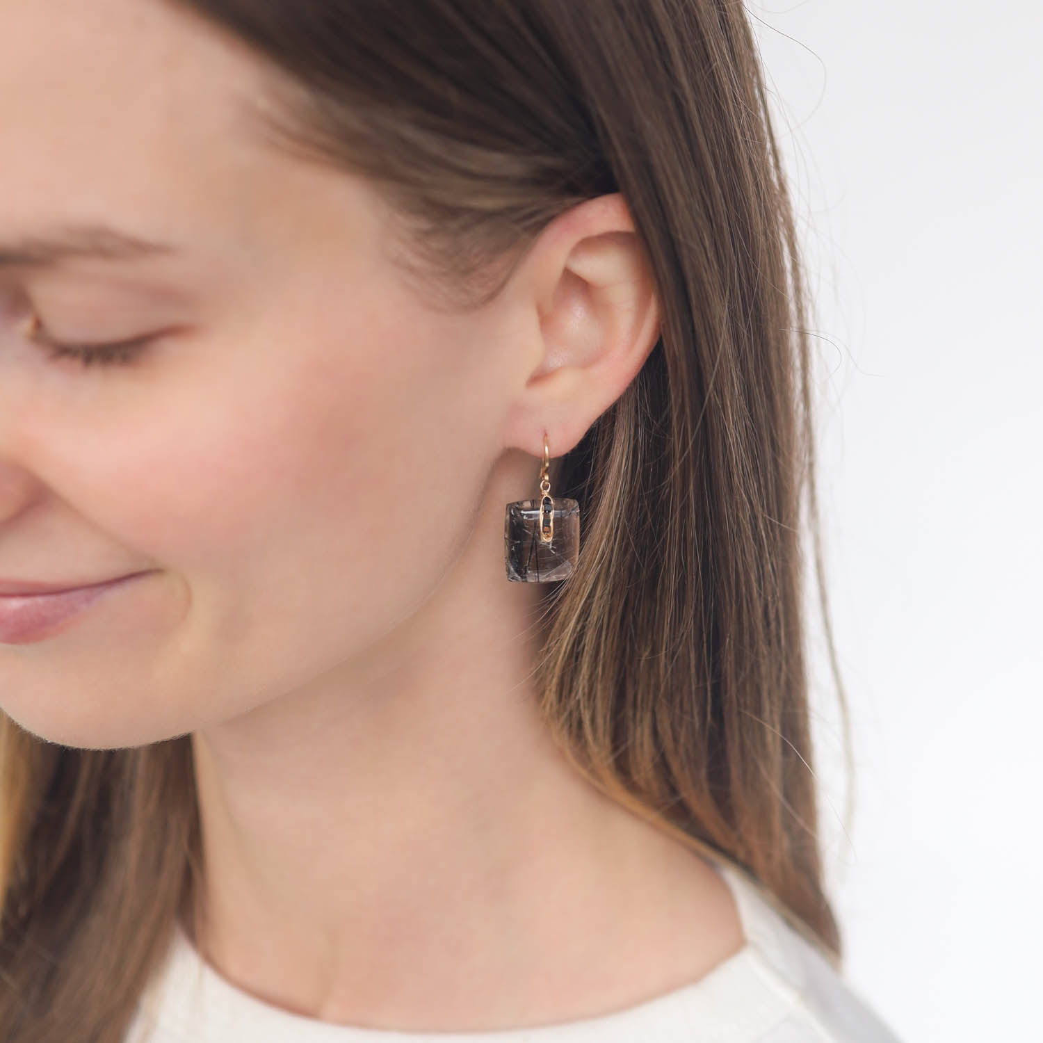 Dana Kellin Fine: Earrings, 14K, Rectangular Tourmalated Quartz with Black Diamonds