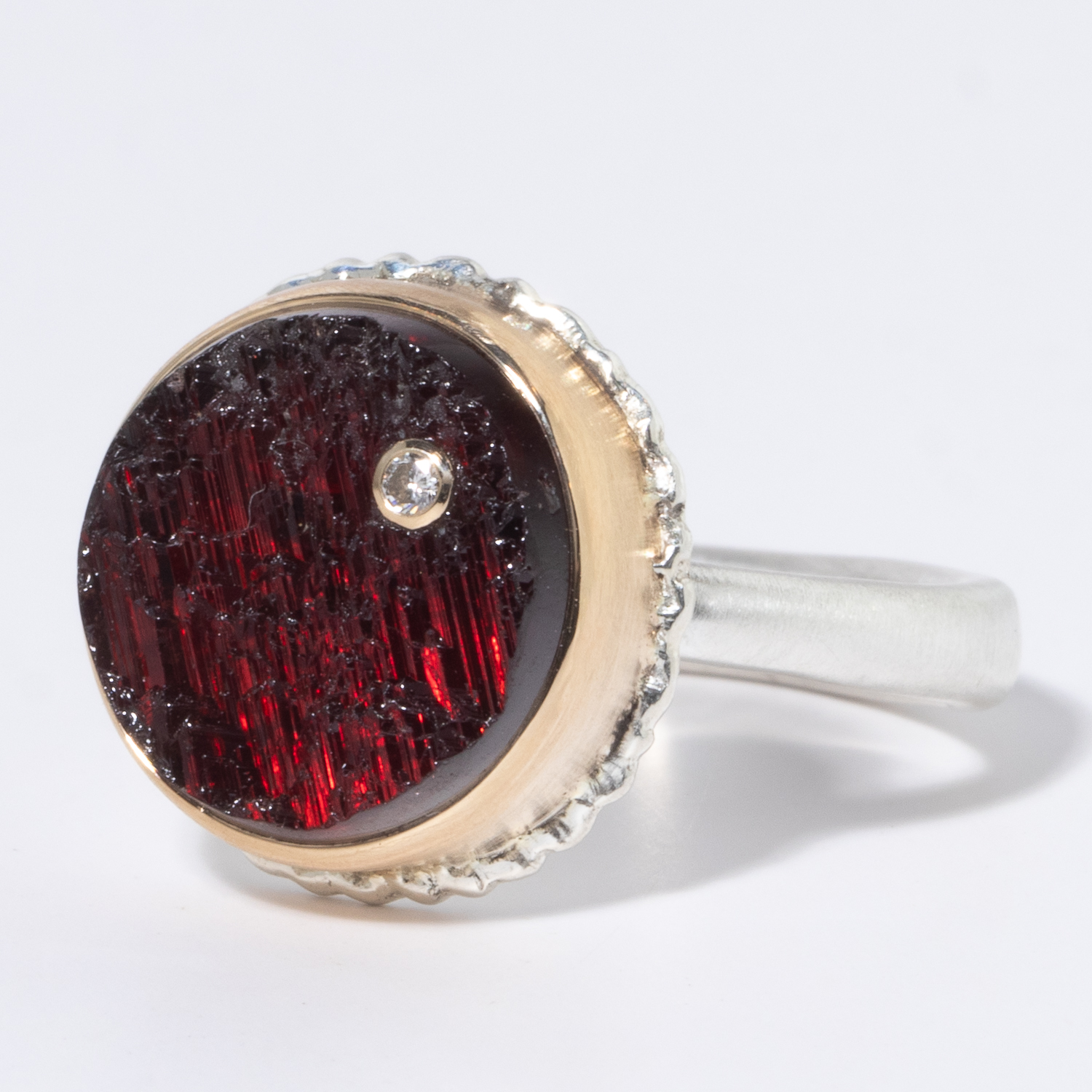 Jamie Joseph: Sterling & 14K Gold Ring w/ Small Round Surface Cut GARNET & .025 ct Diamond on Lava Platform and Egyptian Band, 1/2 dia, 8