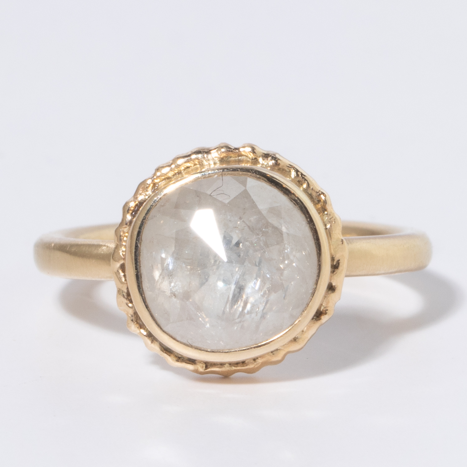 Jamie Joseph: 14K Gold Ring w/ Round Faceted 2.23 ct RUSTIC DIAMOND on Ruffled Platform and Sand Band, 5/16 x 5/16, 6 1/4