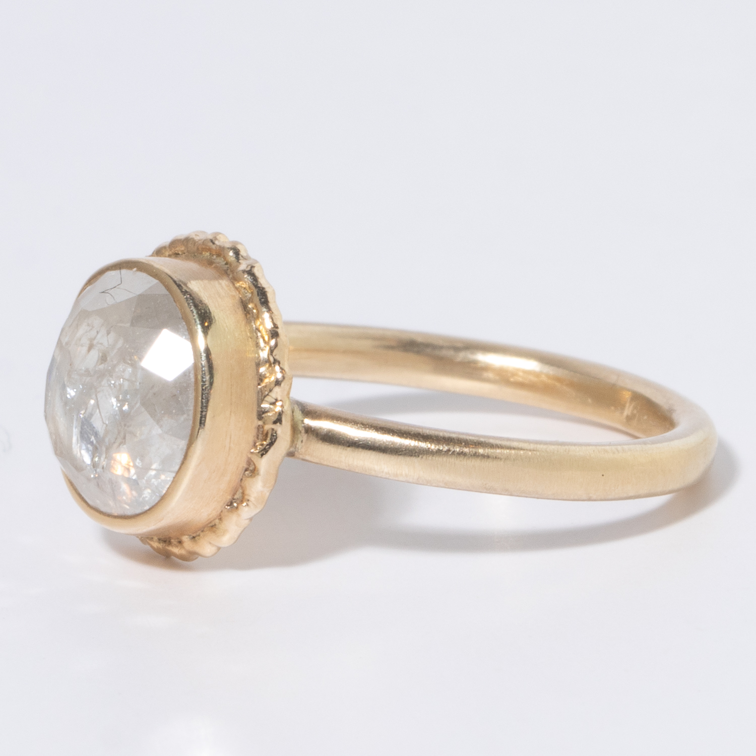 Jamie Joseph: 14K Gold Ring w/ Round Faceted 2.23 ct RUSTIC DIAMOND on Ruffled Platform and Sand Band, 5/16 x 5/16, 6 1/4
