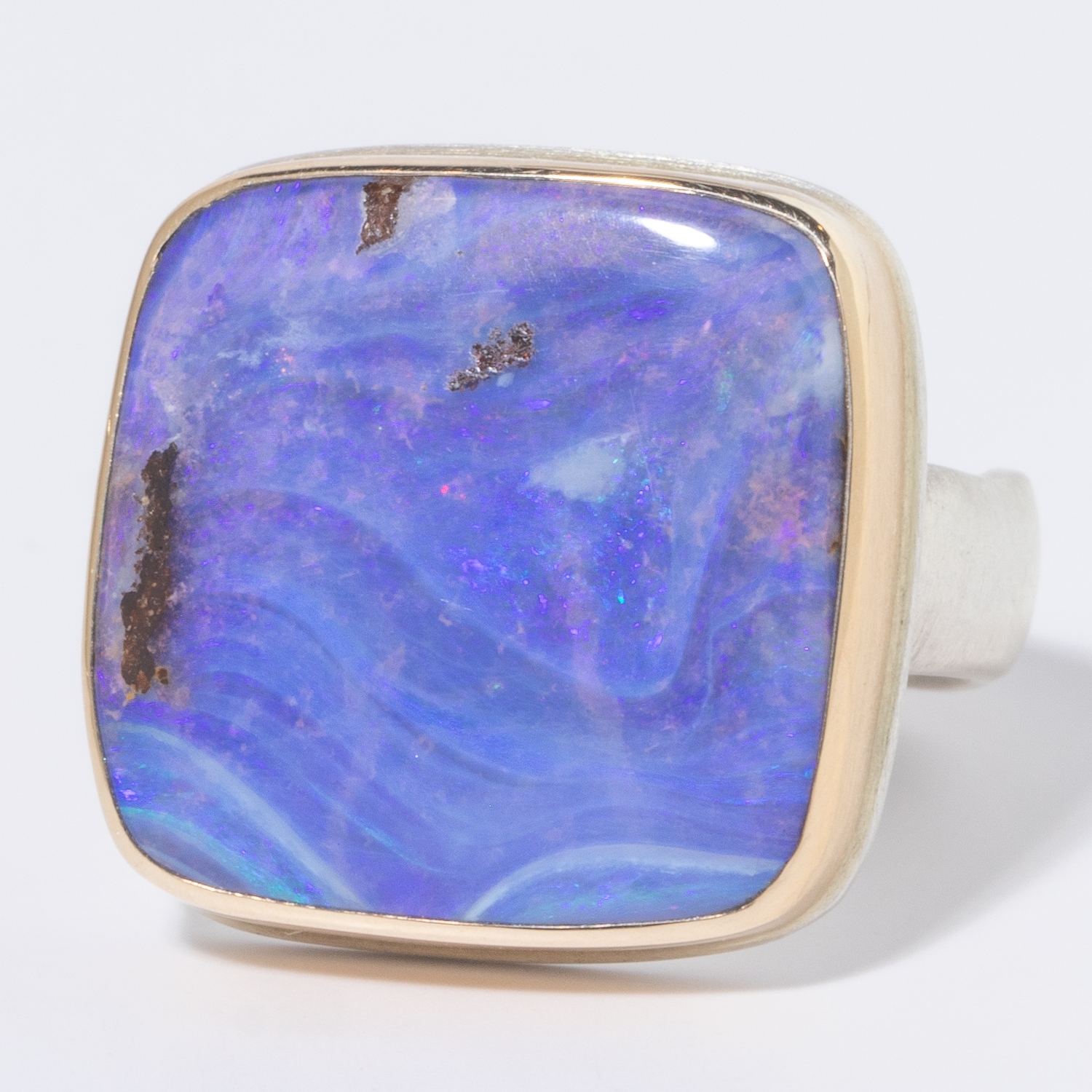 Jamie Joseph: Sterling & 14K Gold Ring w/ Square BOULDER OPAL on Groovy Band, 11/16 x 11/16, 7