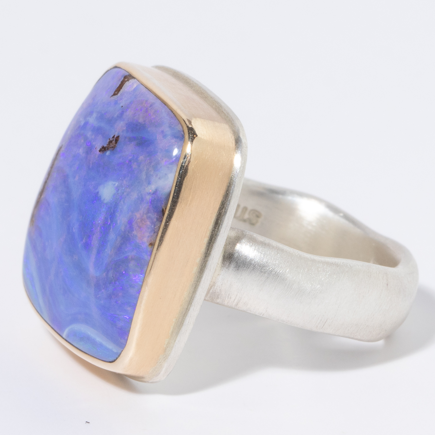 Jamie Joseph: Sterling & 14K Gold Ring w/ Square BOULDER OPAL on Groovy Band, 11/16 x 11/16, 7