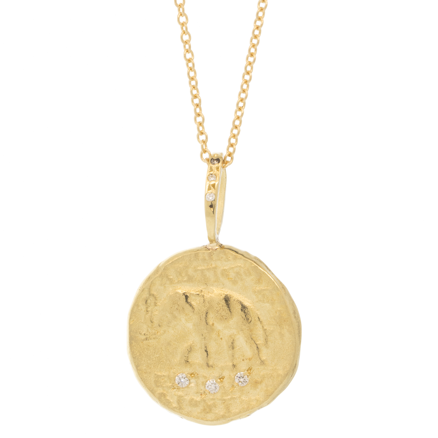 Robin Haley: 14K gold Sovereignty Elephant Artifact Necklace, diamonds, .045 TCW 16/18" chain