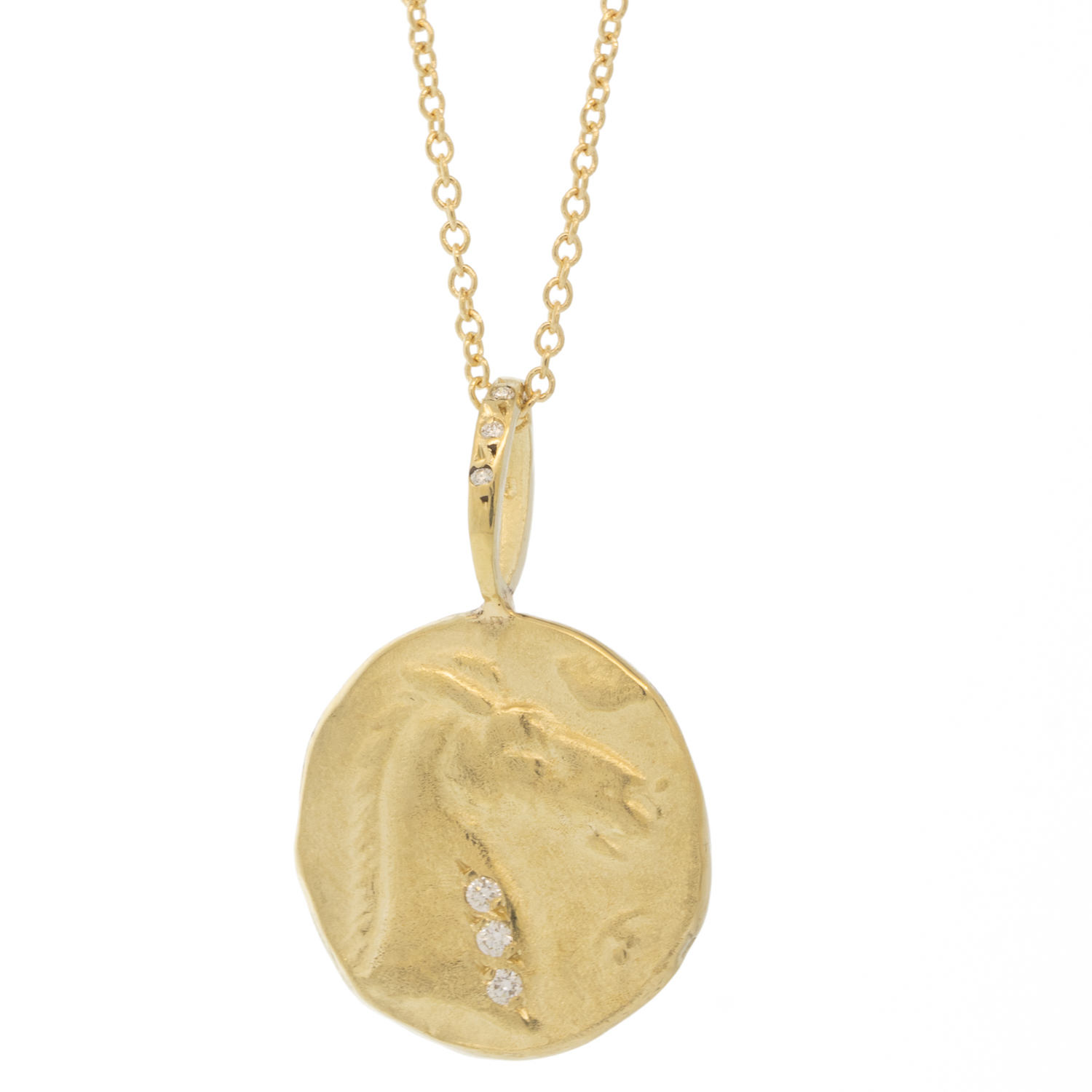 Robin Haley: 14K gold Horse/Power Artifact Necklace, 3 diamonds in artifact, .045 TCW 16/18" chain