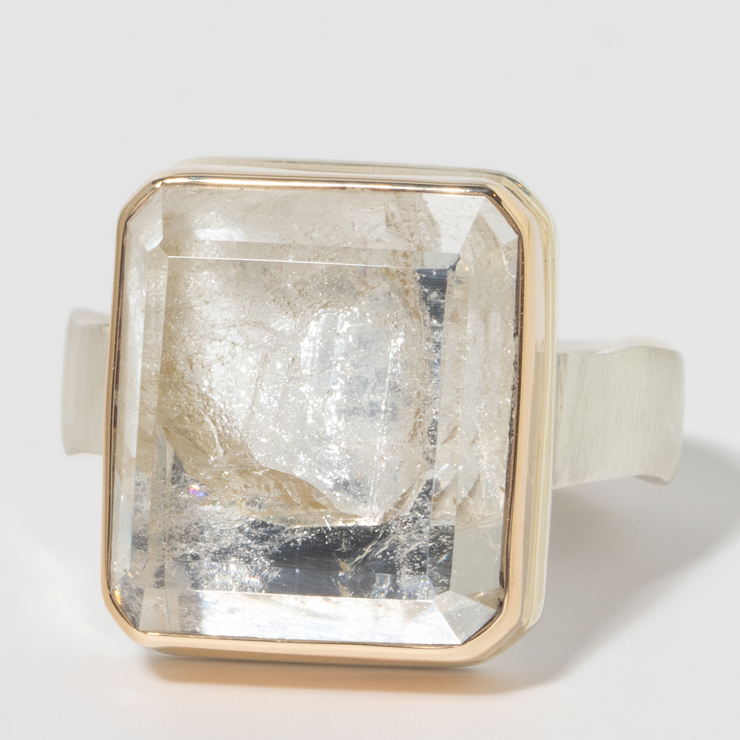 Jamie Joseph: Sterling & 14K Gold Ring w/ Vertical Rectangular Table Up POSITIVE QUARTZ on Live Edge Band, 11/16 x 9/16, 8 1/2