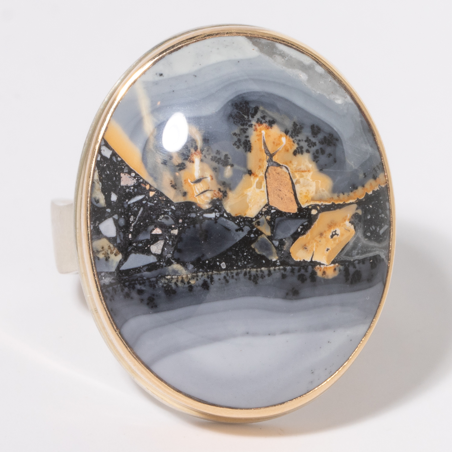 Jamie Joseph: Sterling & 14K Gold Ring w/ Vertical Oval MALIGANO JASPER on Live Edge Band, Size 8, Measures 15/16" x 3/4"