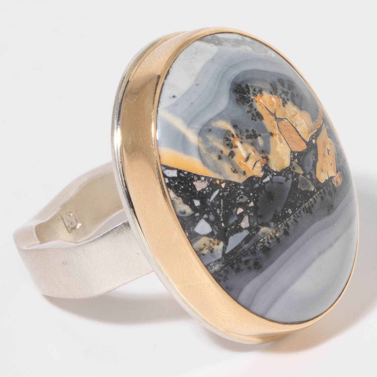 Jamie Joseph: Sterling & 14K Gold Ring w/ Vertical Oval MALIGANO JASPER on Live Edge Band, Size 8, Measures 15/16" x 3/4"