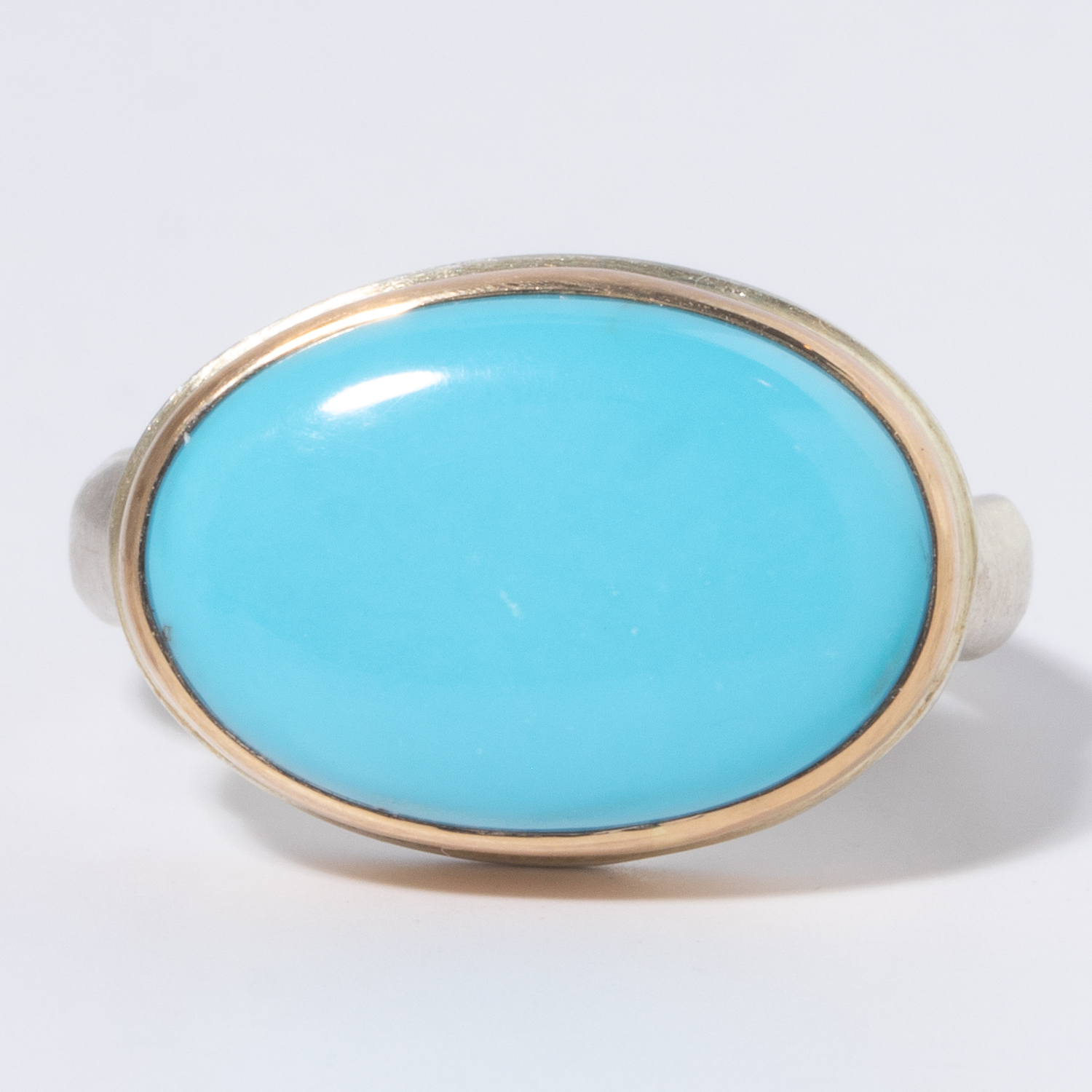 Jamie Joseph: Sterling & 14K Gold Ring w/ Oval PRINCE TURQUOISE on Middle Groovy Band, Size 7 1/4, 7/16" x 11/16"