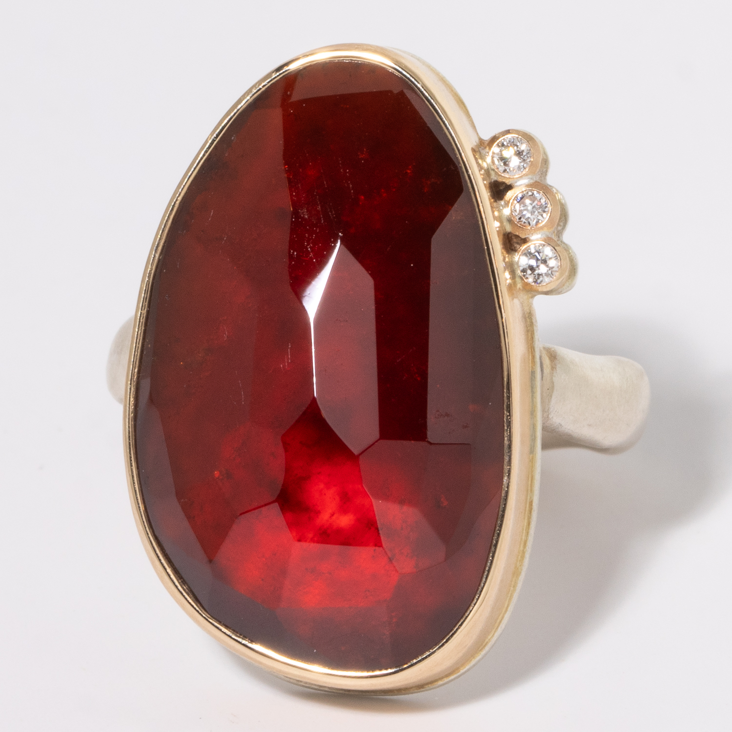 Jamie Joseph: Sterling & 14K gold Ring w/Vertical Asymmetrical Faceted Hessonite Garnet w/Triple Satellite Diamonds on Middle Groovy Band (.075 TCW), size 7.5, measures 15/16" x 9/16 "