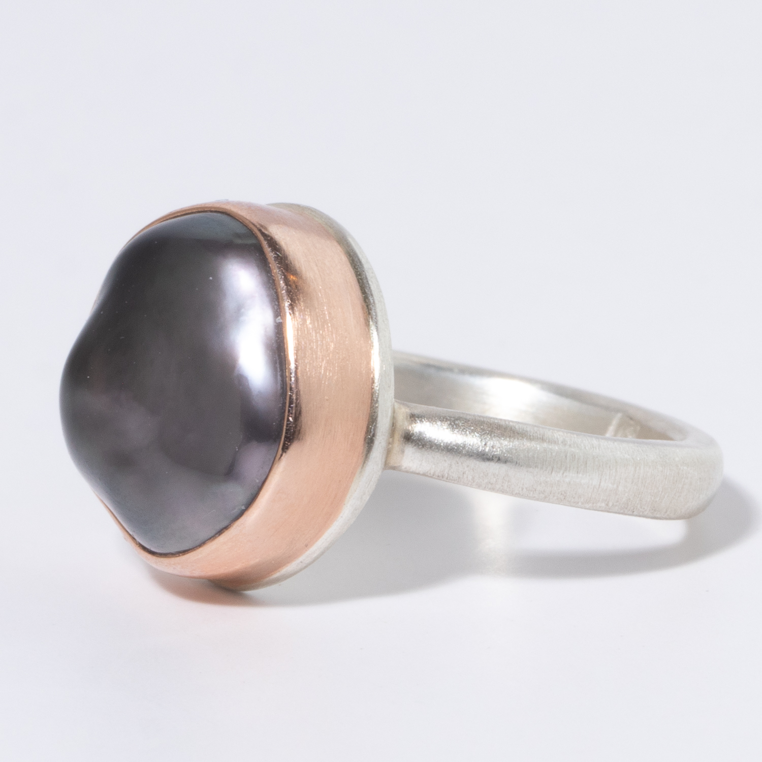 Jamie Joseph: Sterling & 14K Rose Gold Ring w/ Small Asymmetrical TAHITIAN PEARL on Middle Organic Band, 1/2 x 1/2, 6 1/2