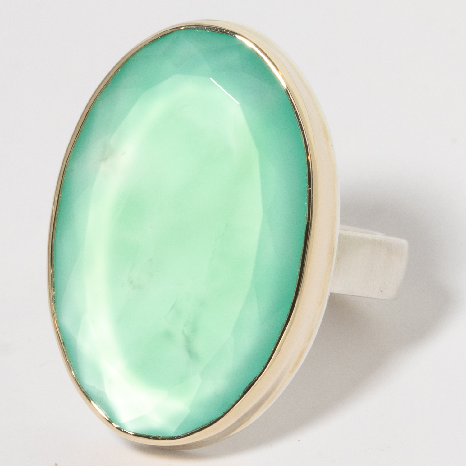 Jamie Joseph: Sterling & 14K Gold Ring w/ Large Vertical Oval Table Up CHRYSOPRASE on Y Band, 1 x 5/8, 8 1/4