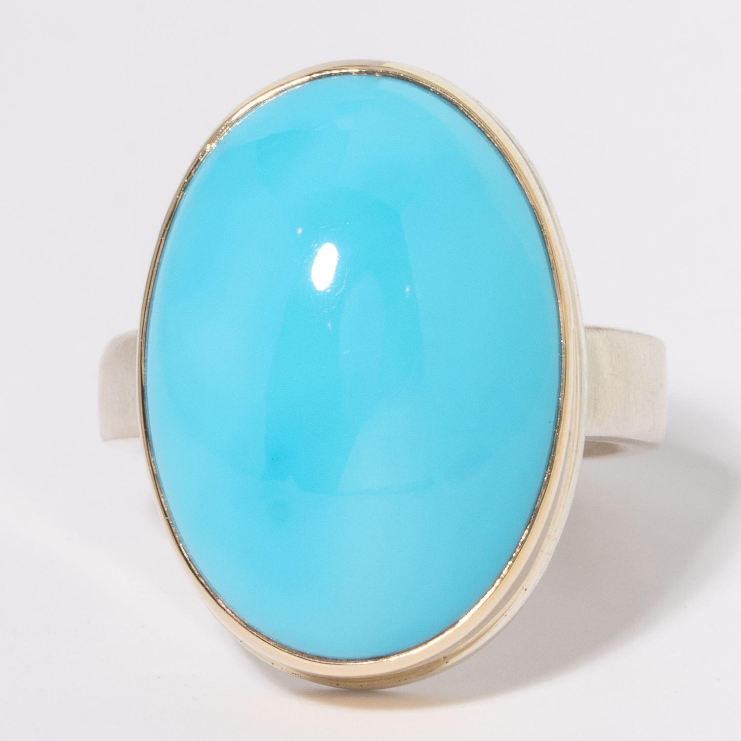 Jamie Joseph: Sterling & 14K Gold Ring w/ Vertical Oval Smooth SLEEPING BEAUTY TURQUOISE on Y Band, sz 7 1/4, 7/8" x 5/8"