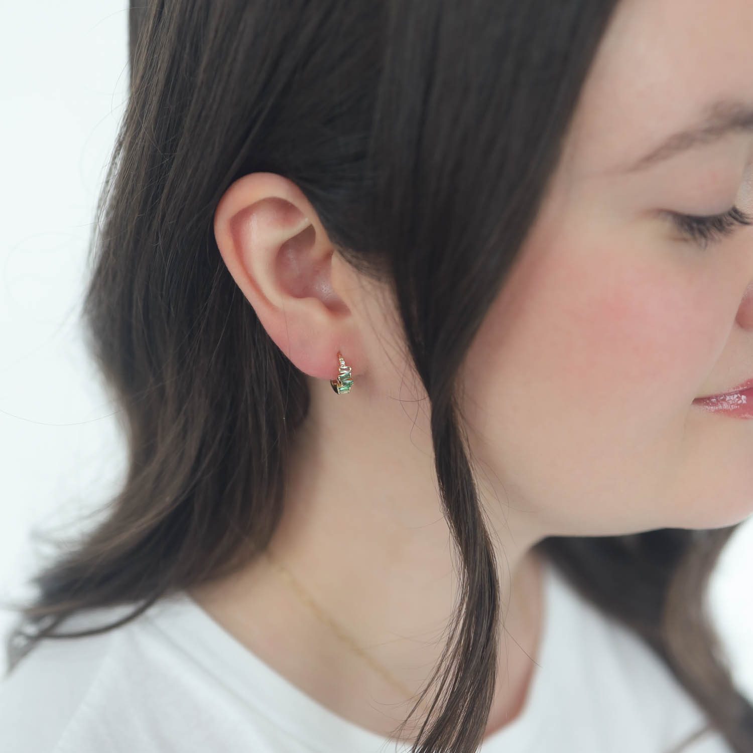 Tai: Earring, Gold Huggie with Ombre Baguette Accents, Green