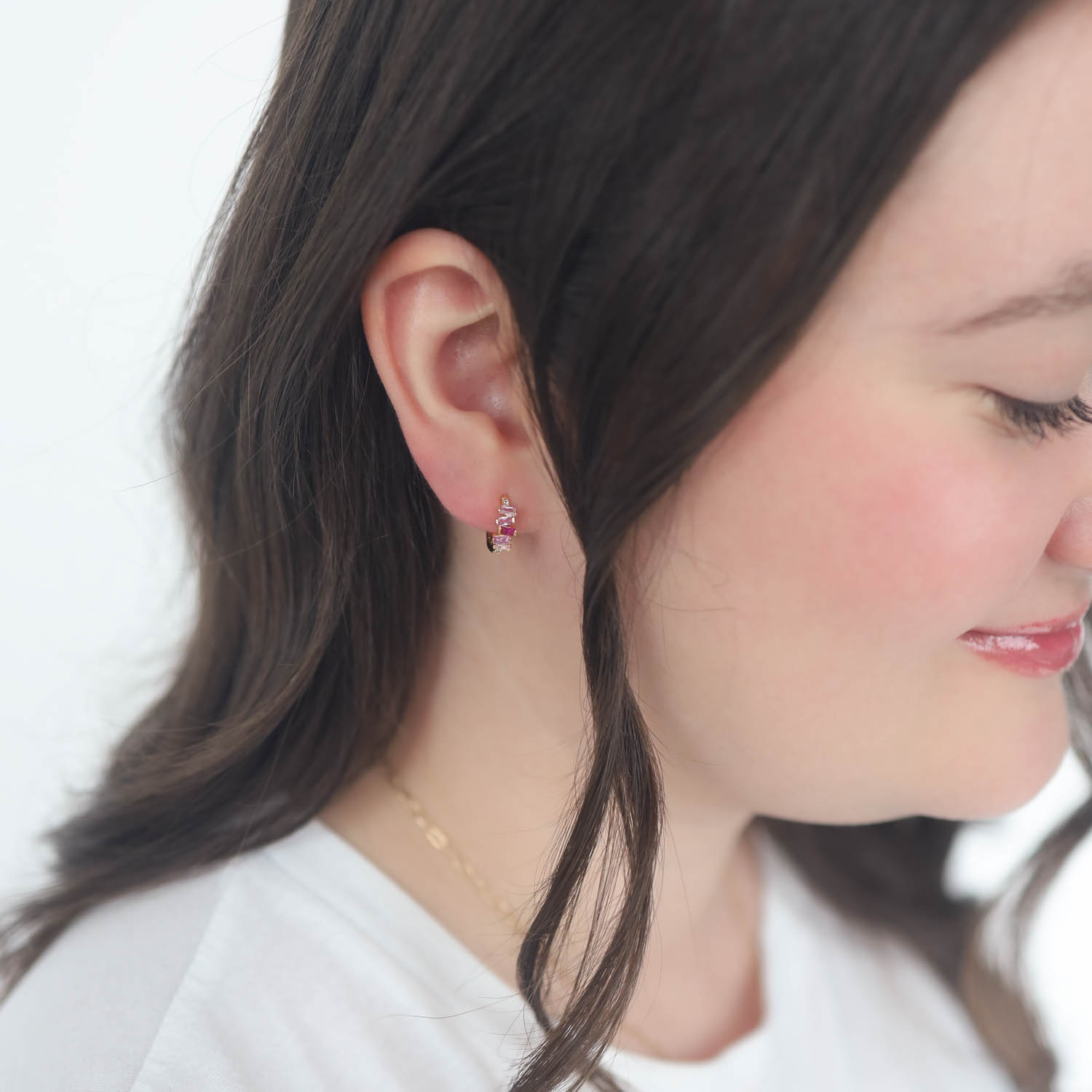 Tai: Earring, Gold Huggie with Ombre Baguette Accents, Red
