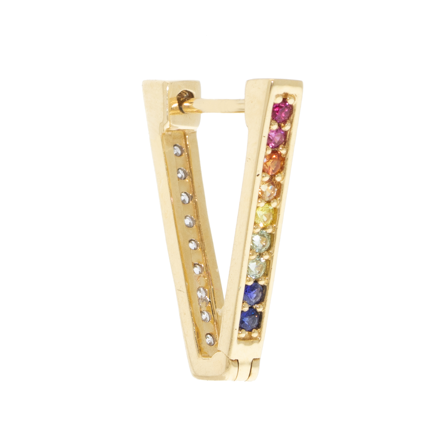 Three Stories Jewelry: SINGLE V hoop, Double Sided Rainbow & Diamond, 14K yellow gold