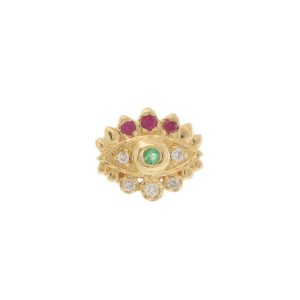 Three Stories Jewelry: SINGLE Tiny Evil Eye Stud, 14k yg, Diamond, Pink Sapphire, Emerald, 5/16" x 1/4"