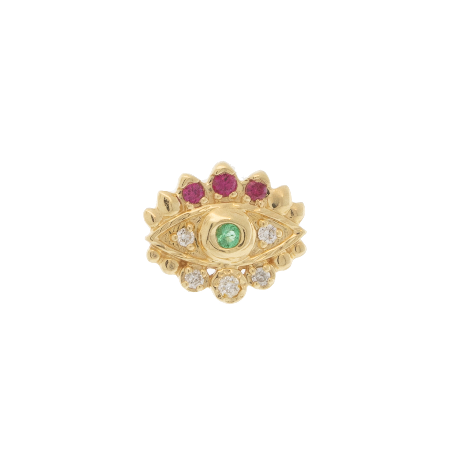 Three Stories Jewelry: SINGLE Tiny Evil Eye Stud, 14k yg, Diamond, Pink Sapphire, Emerald, 5/16" x 1/4"