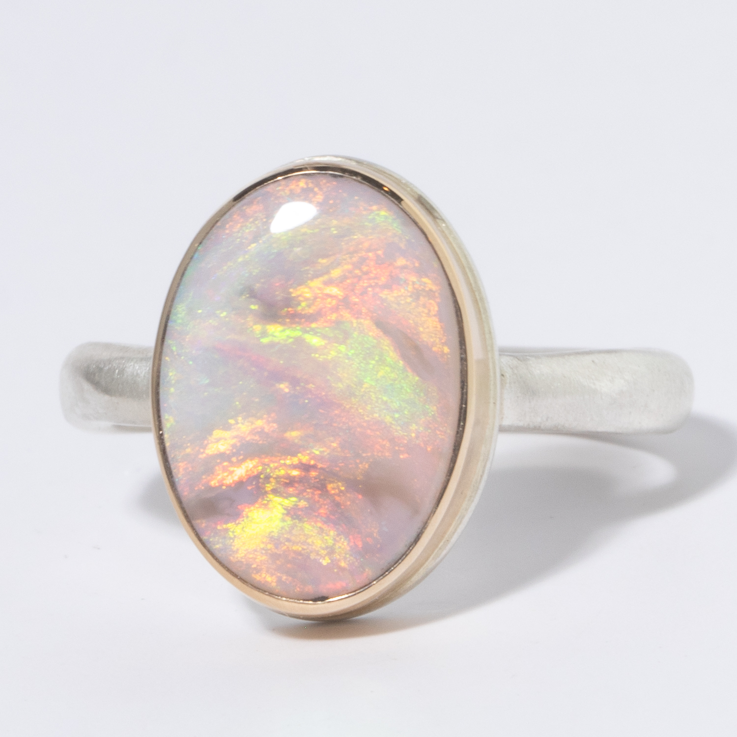 Jamie Joseph: Sterling & 14K Gold Ring w/ Small Vertical Oval AUSTRALIAN OPAL on Middle Organic Band, 9/16 x 3/8, 7