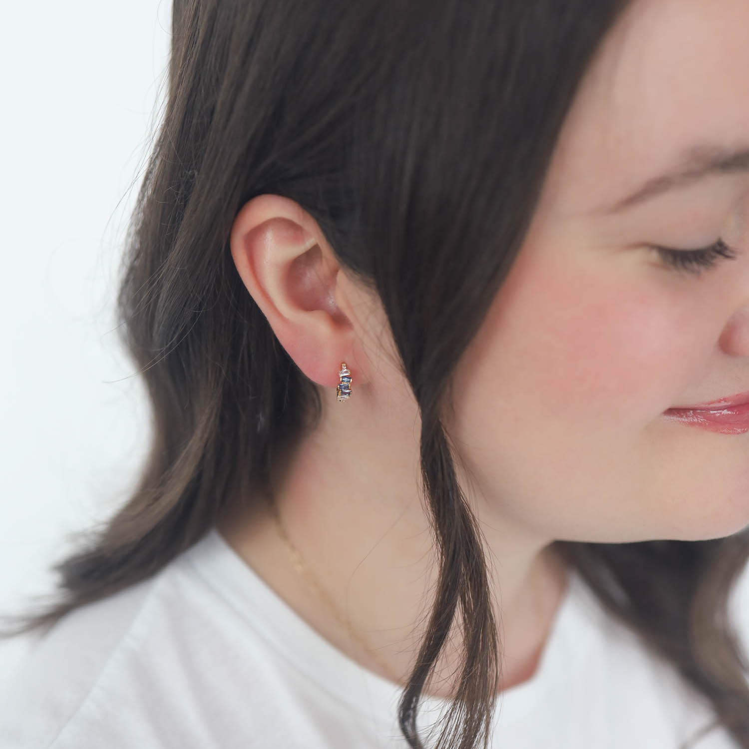 Tai: Earring, Gold Huggie with Ombre Baguette Accents, Sapphire
