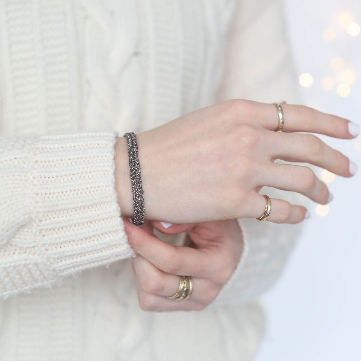 Marie Laure Chamorel: Bracelet, Silver 925, lurex yarn and crystal, Ruthenium , lurex gold