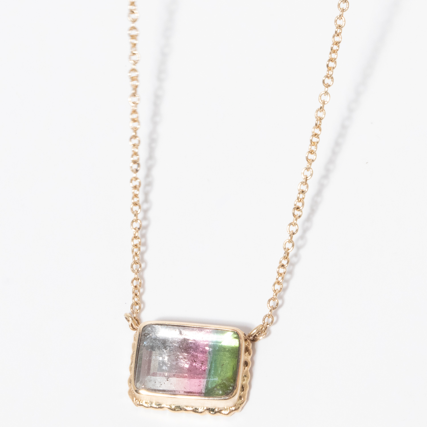 Jamie Joseph:14K Gold Necklace w/ Small Rectangular Table Up WATERMELON TOURMALINE on Ruffled Platform (17.5")