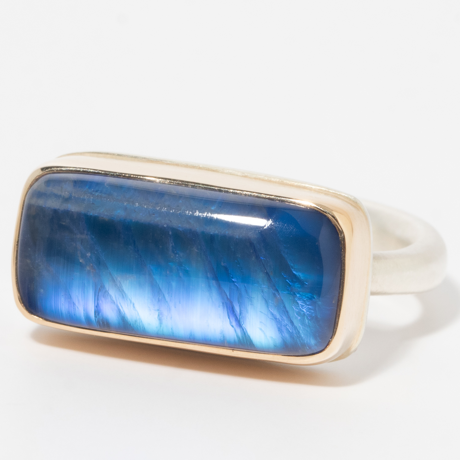 Jamie Joseph: Sterling & 14K Gold Ring w/ Rectangular Smooth BLUE RAINBOW MOONSTONE on Egyptian Band, Size 7 1/2, Measures 5/16" x 11/16"