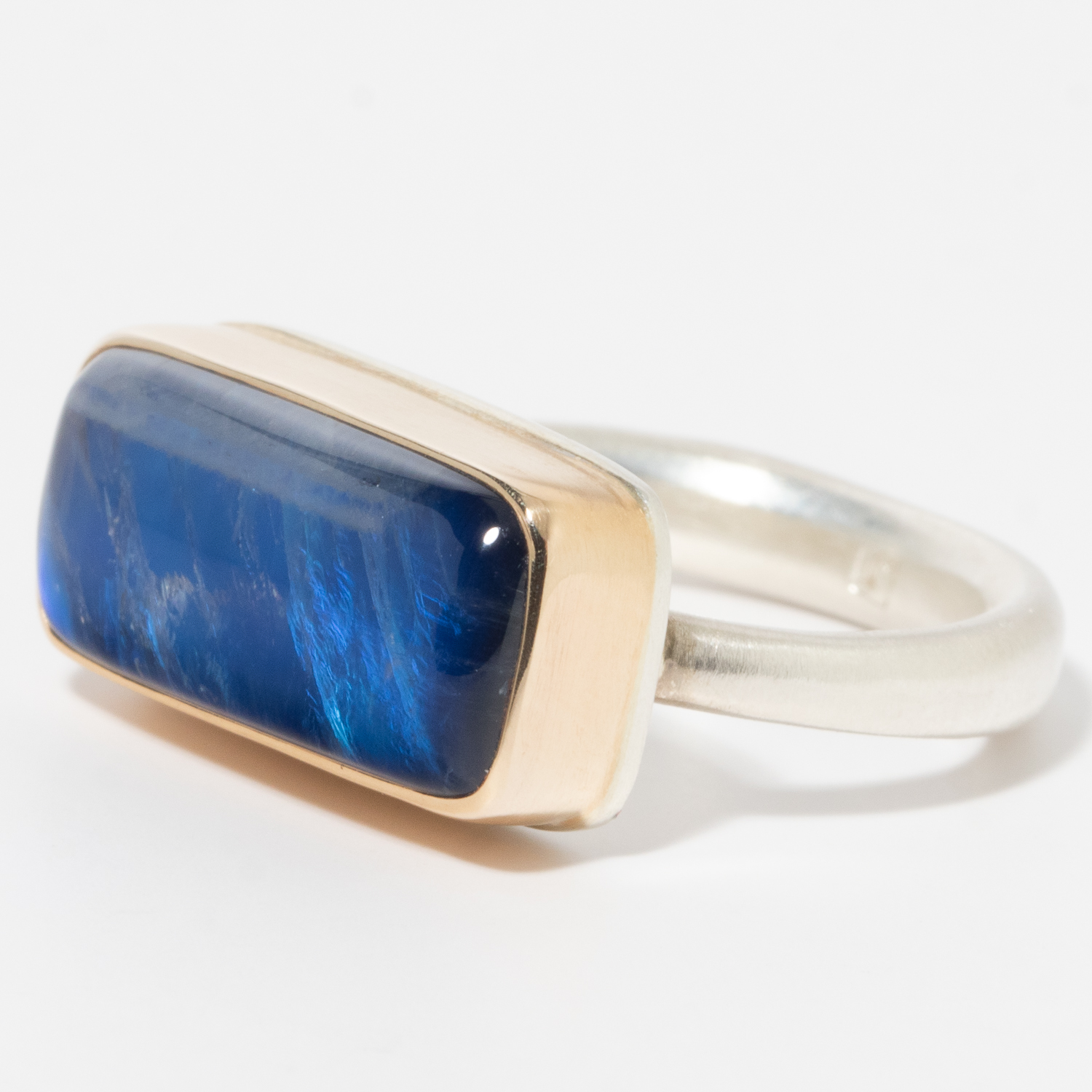 Jamie Joseph: Sterling & 14K Gold Ring w/ Rectangular Smooth BLUE RAINBOW MOONSTONE on Egyptian Band, Size 7 1/2, Measures 5/16" x 11/16"