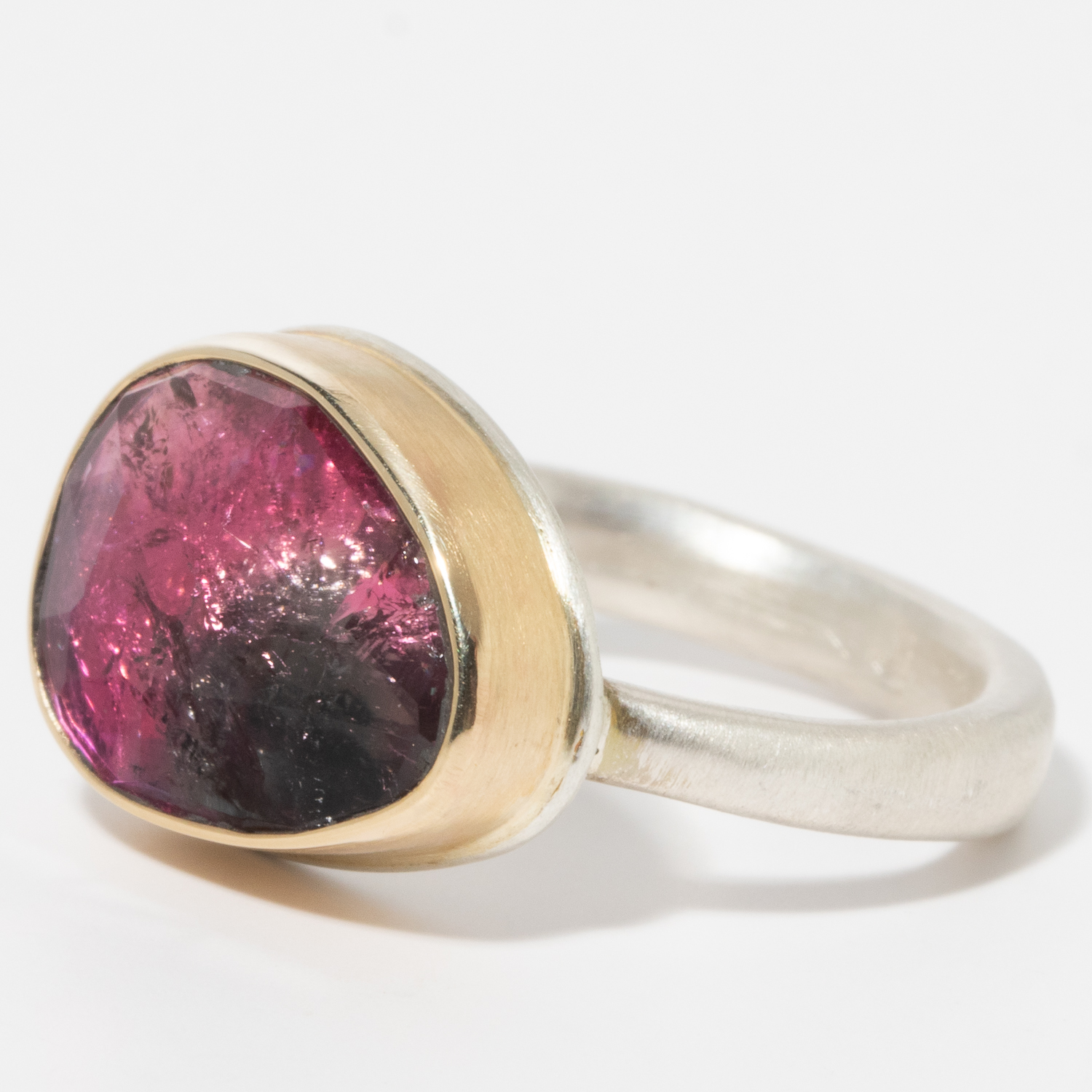 Jamie Joseph: Sterling & 14k Gold Ring w/ Asymmetrical Rose Cut PINK TOURMALINE on Egyptian Band, Size 7 1/4, Measures 7/16" x 9/16"