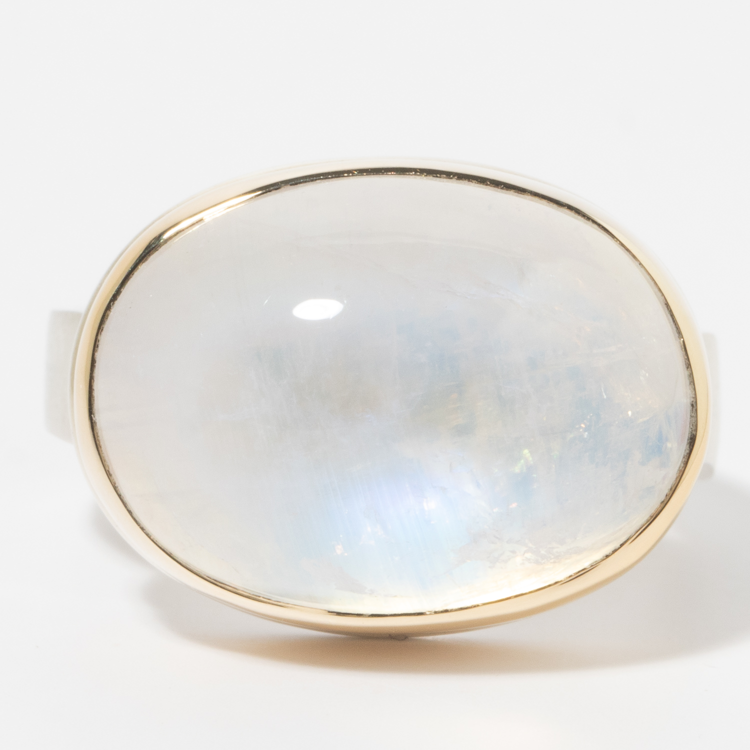 Jamie Joseph:Sterling & 14K Gold Ring w/ Oval Smooth WHITE RAINBOW MOONSTONE on Live Edge Band, Size 7.75, 9/16 x 3/4
