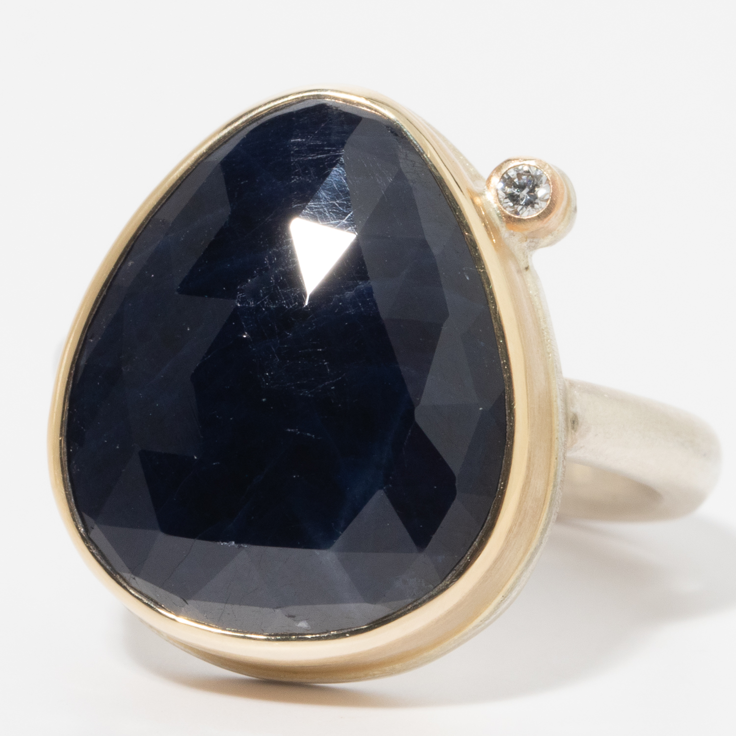 Jamie Joseph: Sterling & 14K Gold Ring w/ Vertical Teardrop Rose Cut BLUE SAPPHIRE & .03 ct Satellite Diamond on Egyptian Band, sz 7 1/4, 11/16" x 9/16"