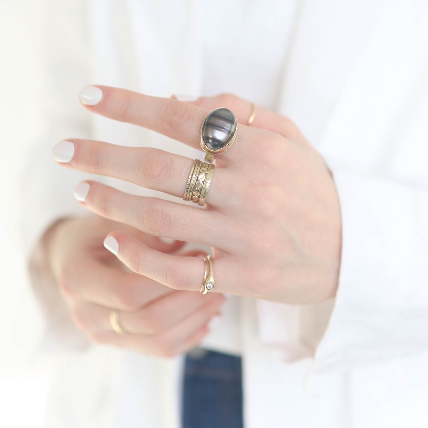 Jamie Joseph: Sterling & 14K Gold Ring w/ Asymmetrical Tahitian Pearl on Skinny Smooth Band, Size 6 1/2, 1/2" x 3/4"