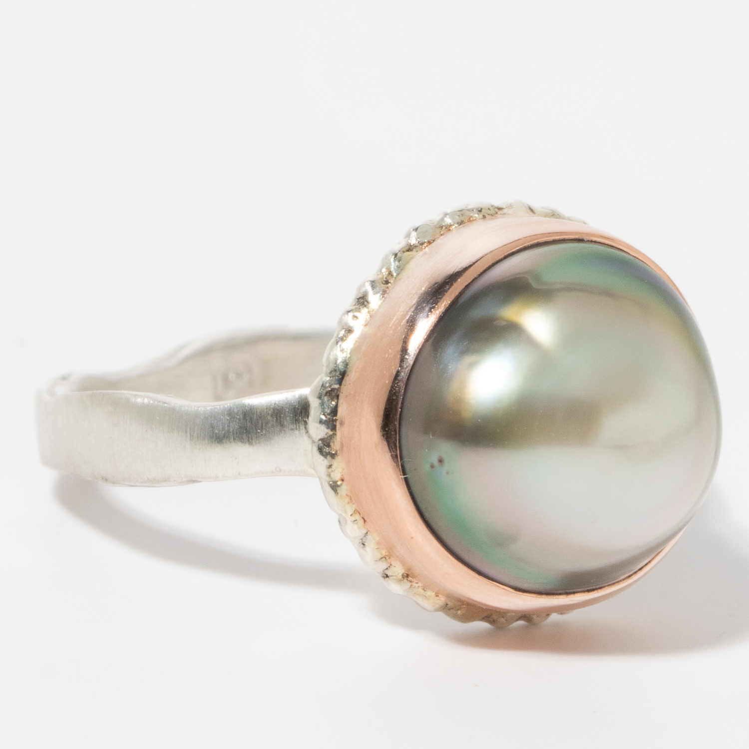 Jamie Joseph:Sterling & 14K Rose Gold Ring w/ Small Asymmetrical TAHITIAN PEARL on Lava Platform and Eroded Live Edge Band