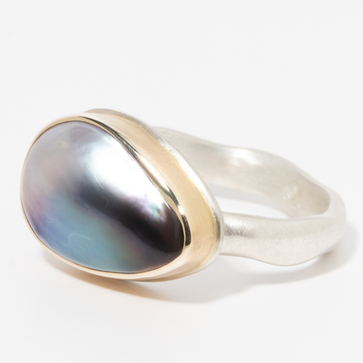 Jamie Joseph:Sterling & 14K Gold Ring w/ Teardrop TAHITIAN MABE PEARL on Middle Groovy Band
