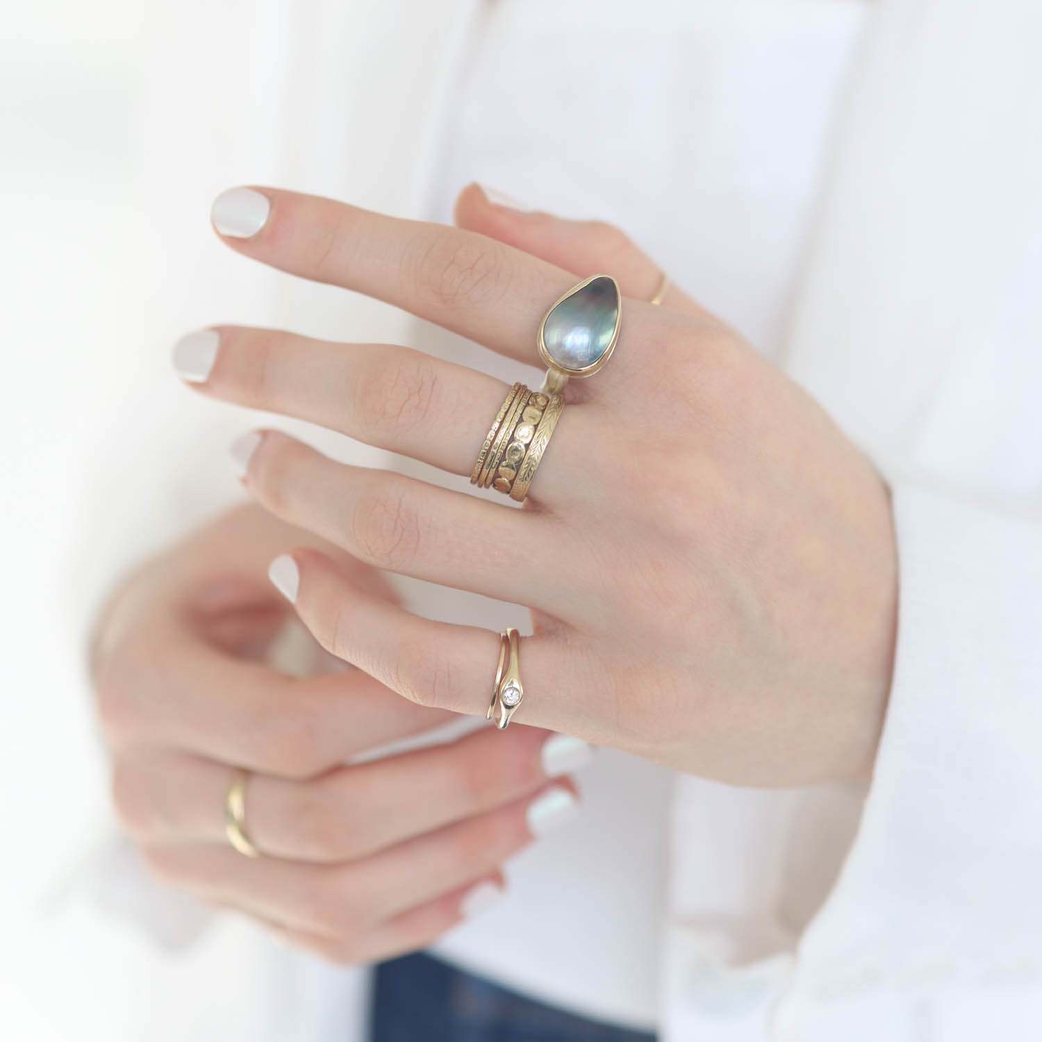 Jamie Joseph:Sterling & 14K Gold Ring w/ Teardrop TAHITIAN MABE PEARL on Middle Groovy Band