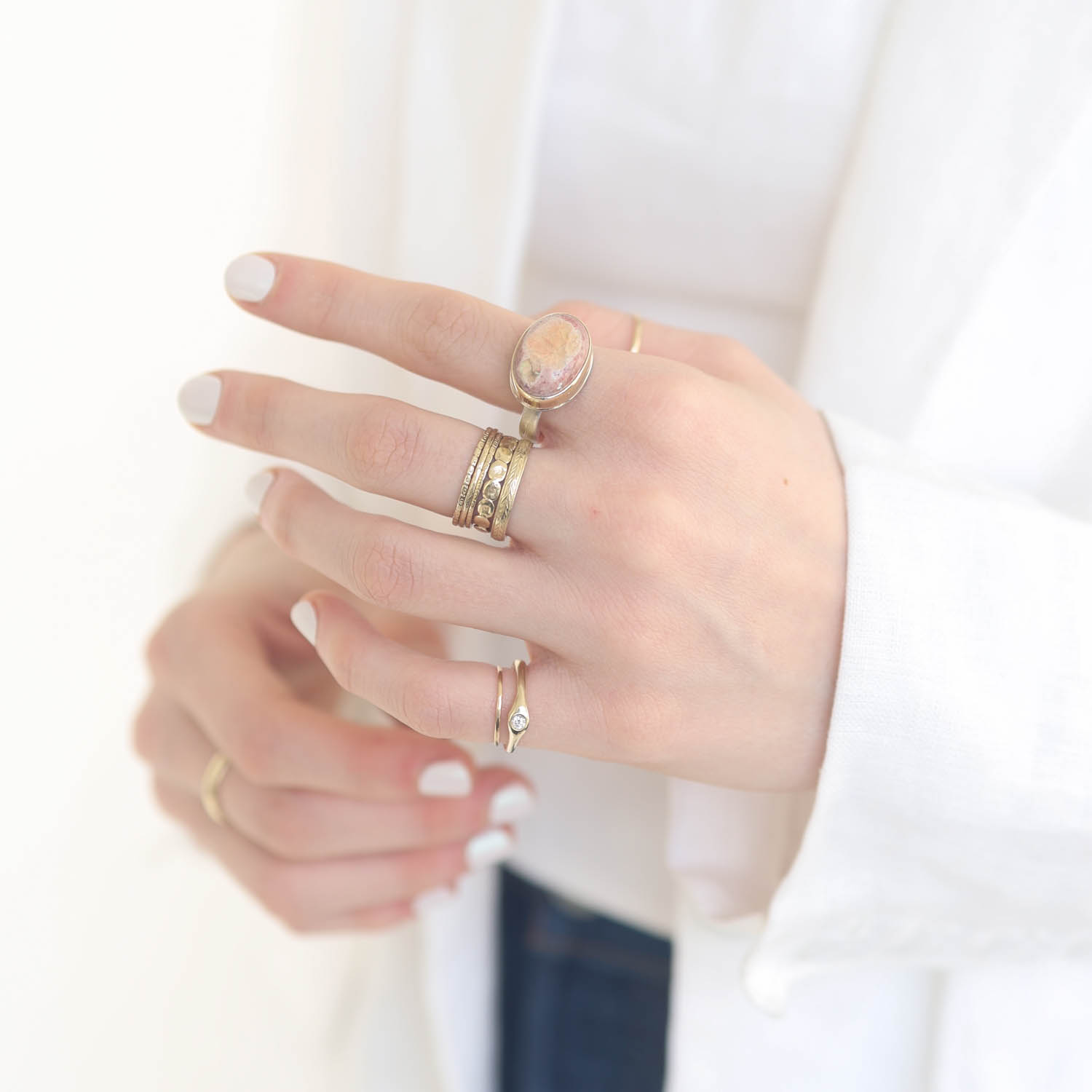 Jamie Joseph:Sterling & 14K Gold Ring w/ Small Oval MEXICAN FIRE OPAL on Soft Live Edge Band