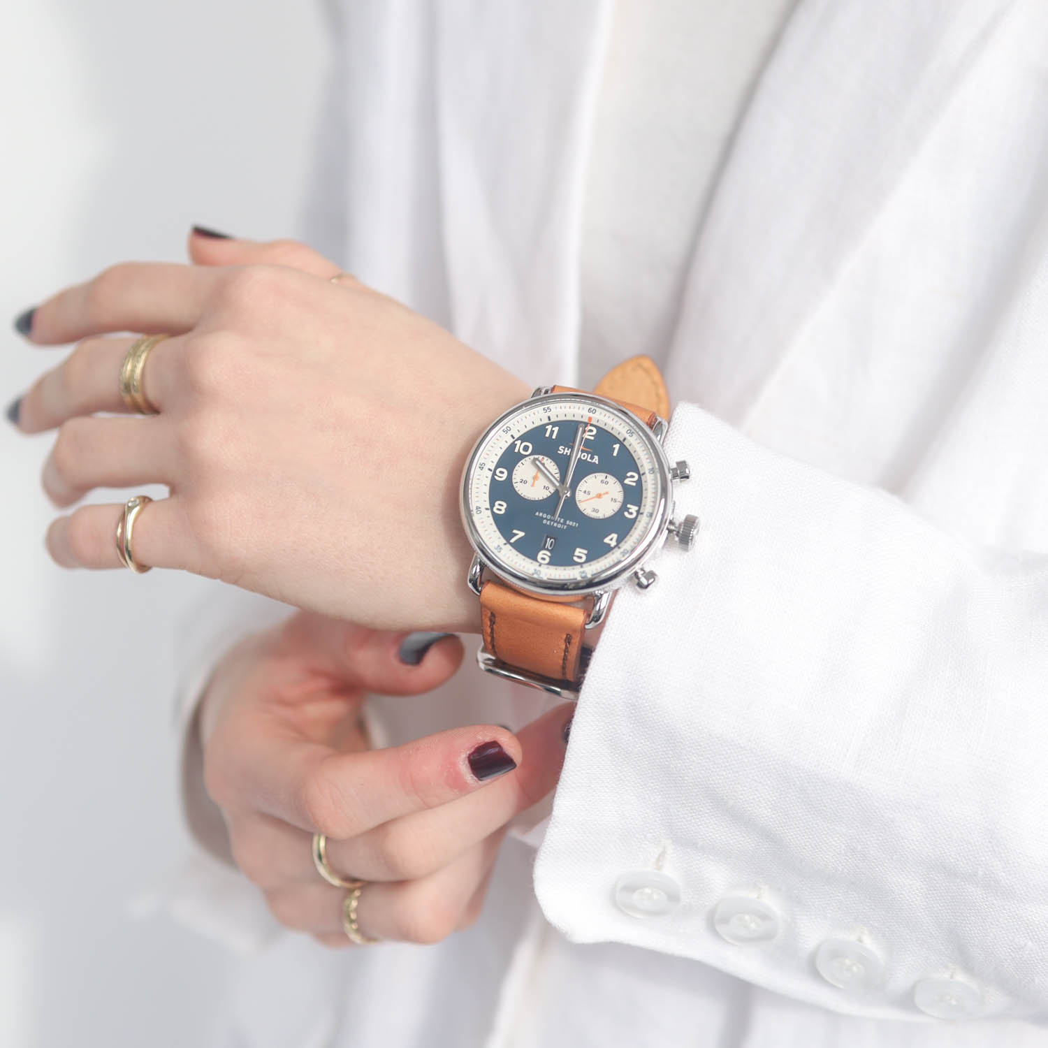 Shinola: Watch, Canfield Model C56 2 Eye Chrono 43mm, Navy/silver Bourbon Leather Strap