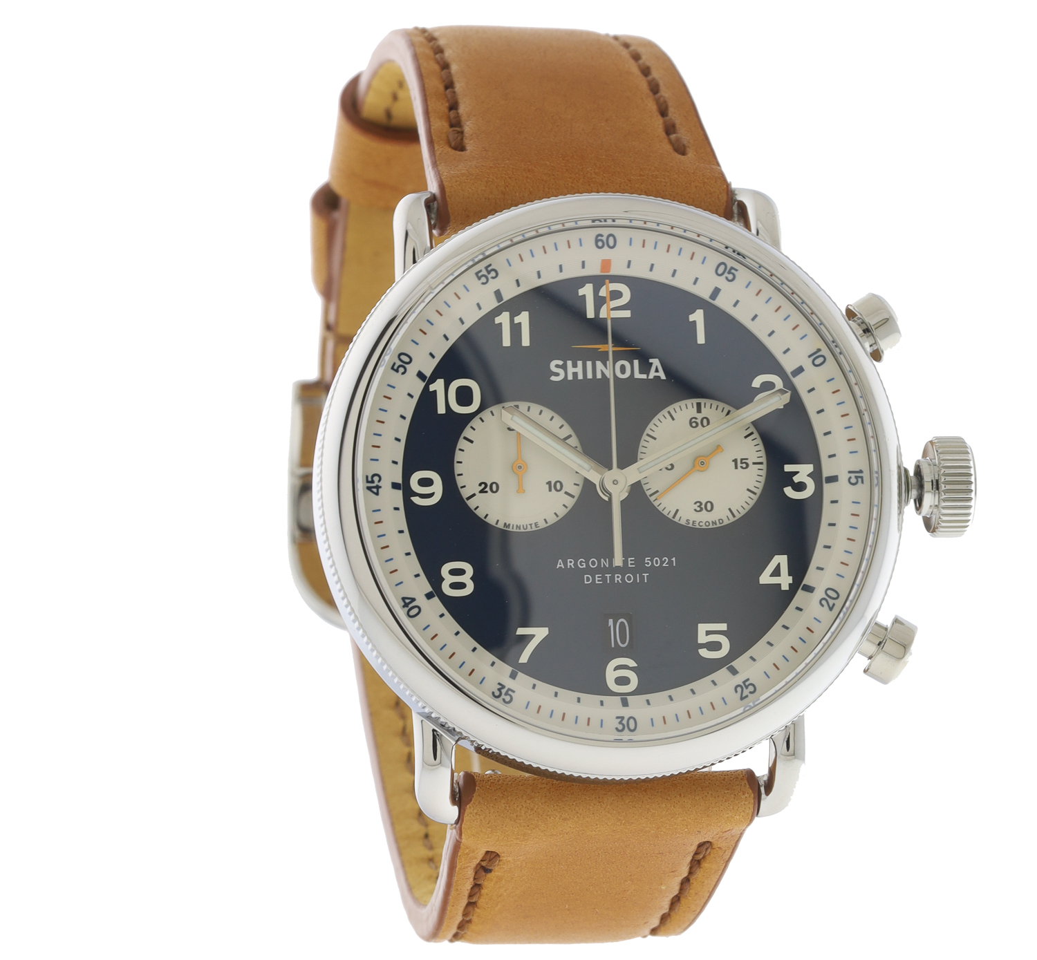 Shinola: Watch, Canfield Model C56 2 Eye Chrono 43mm, Navy/silver Bourbon Leather Strap