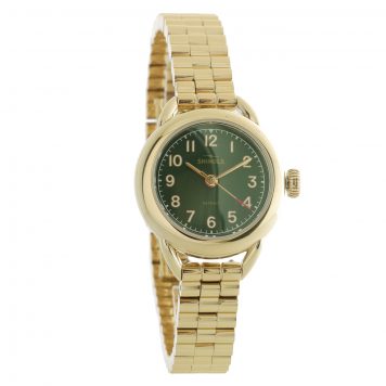Shinola: Watch, Runabout 3H 25mm,Gold bracelet,Forest Green Dial