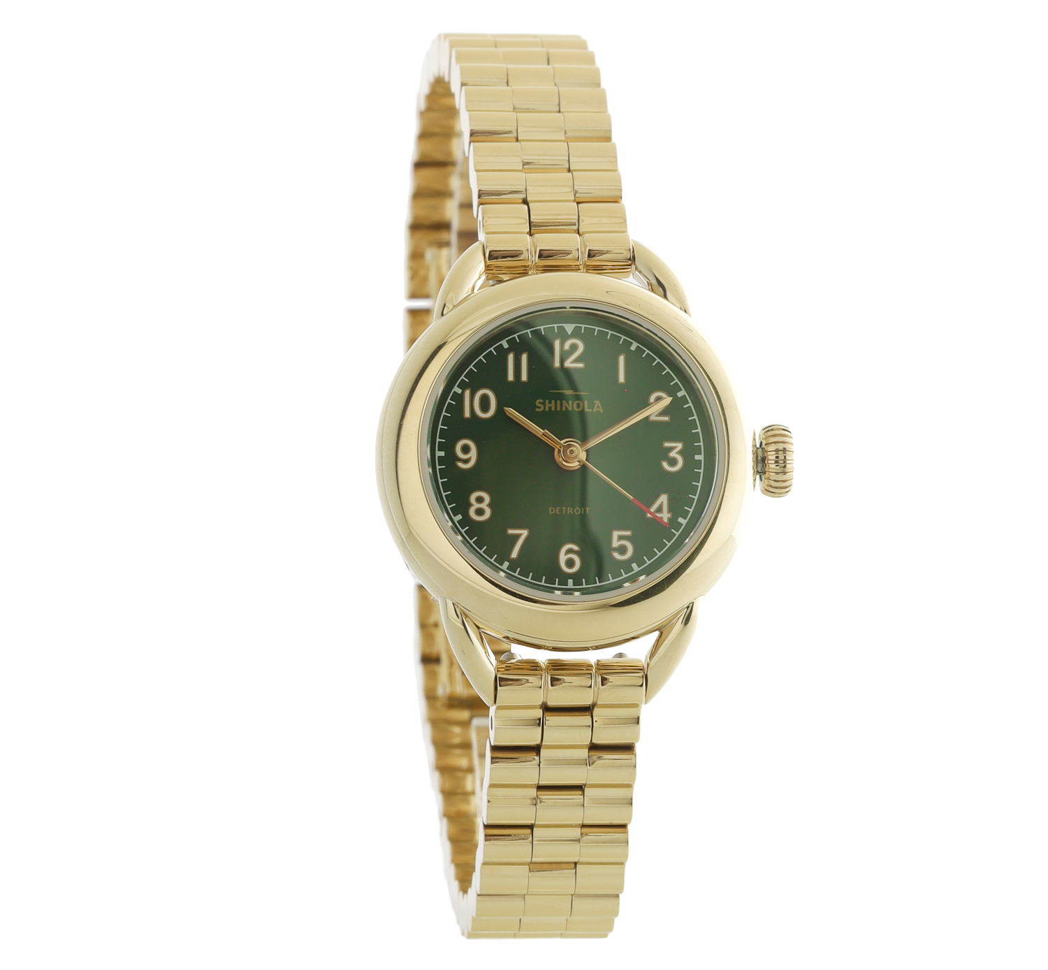 Shinola: Watch, Runabout 3H 25mm,Gold bracelet,Forest Green Dial