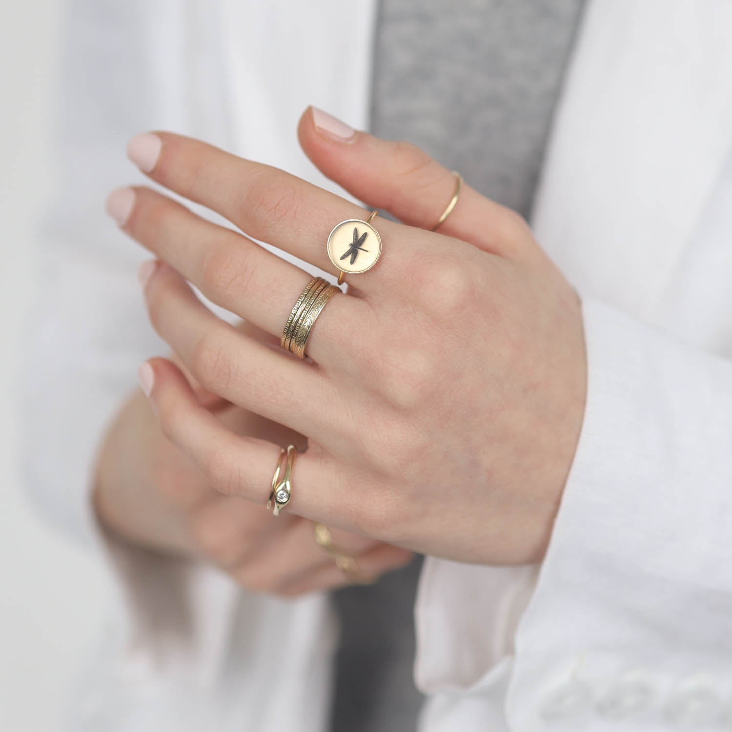 Anzu: Basic Ring- Gold vermeil, Round Setting, Dragonfly Motif, measures 7/16" in diameter, ring size 6