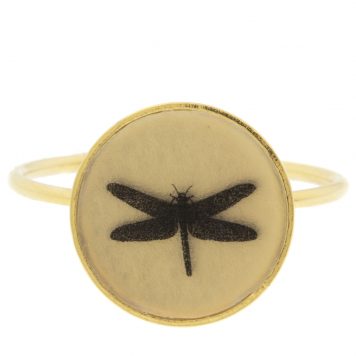 Anzu: Basic Ring- Gold vermeil, Round Setting, Dragonfly Motif, measures 7/16" in diameter, ring size 6