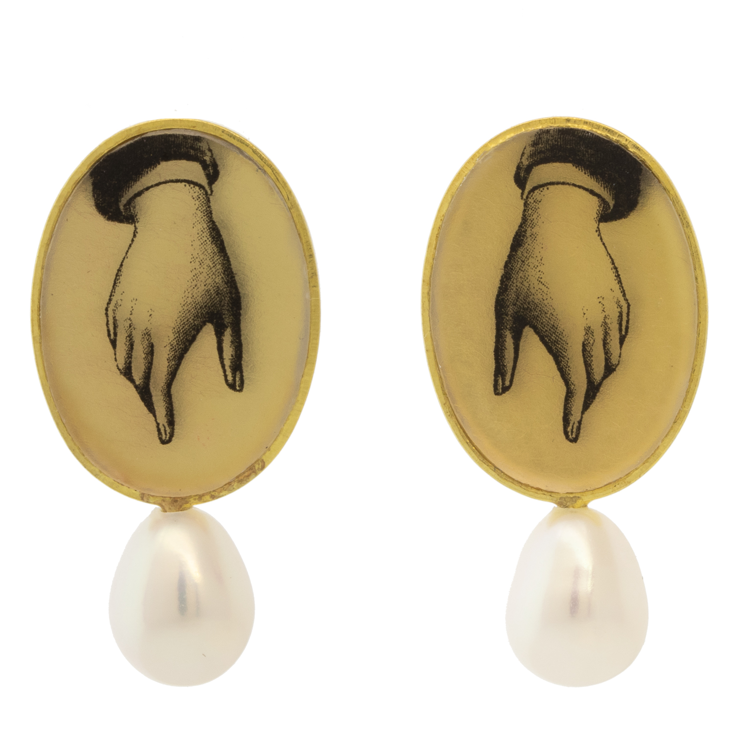 Anzu: Pearl Studs, Gold Vermeil, Oval Setting, Hand Motif, 7/8" x 7/16" at widest point