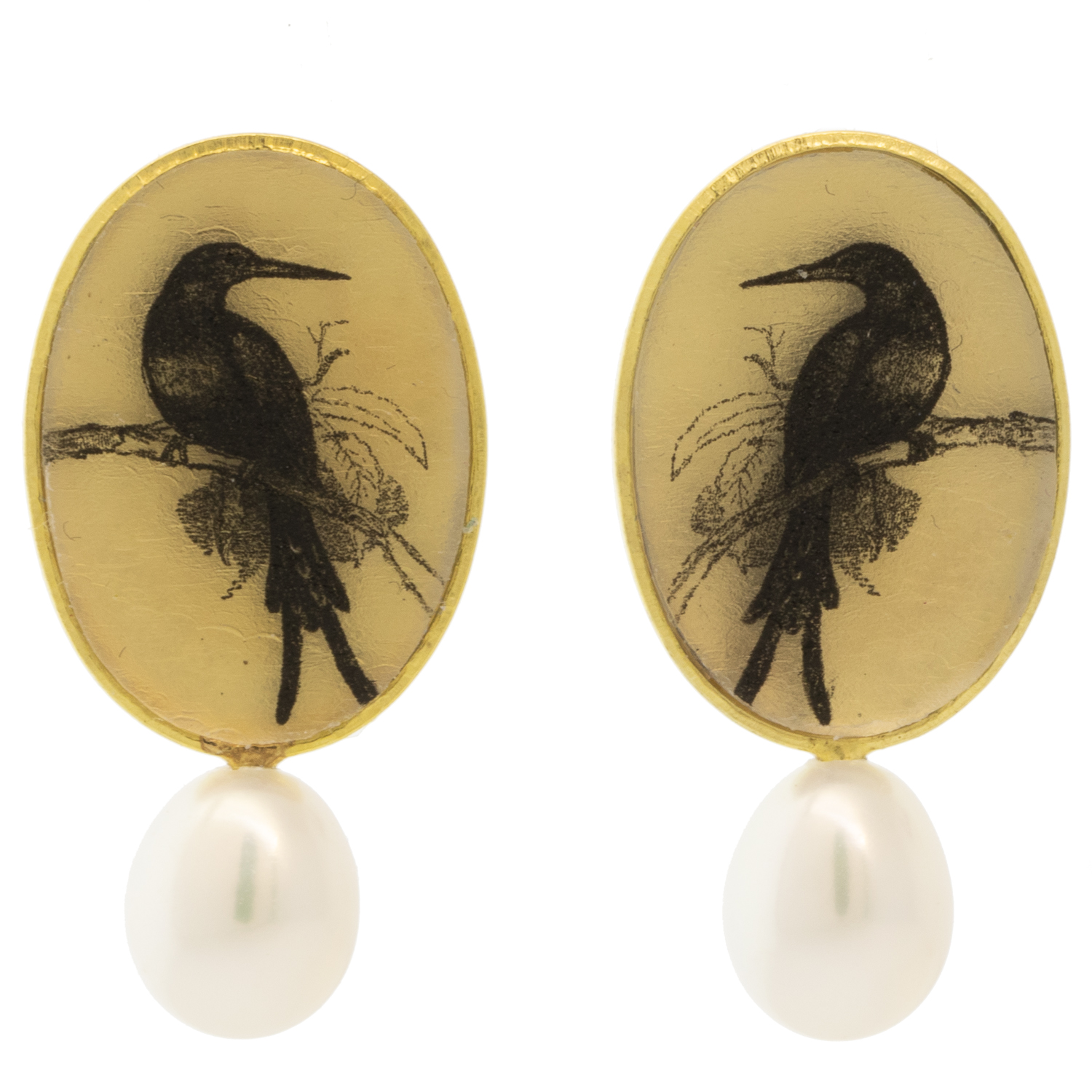 Anzu: Pearl Studs, Gold Vermeil, Oval Setting, Jungle Bird Motif, 7/8" x 7/16" at widest point