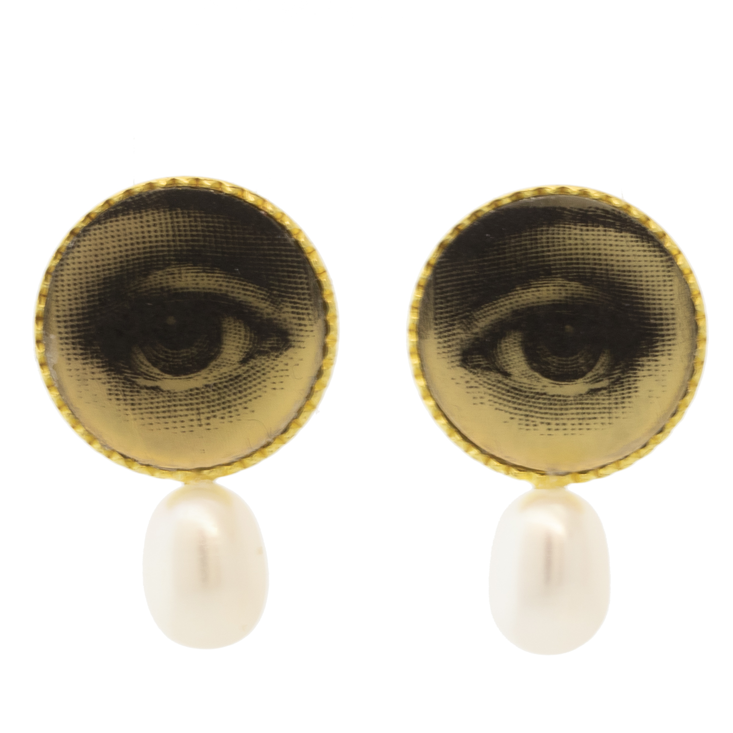 Anzu: Pearl Studs, Gold Vermeil, Round Setting, Eye Motif, 11/16" x 7/16" at widest point