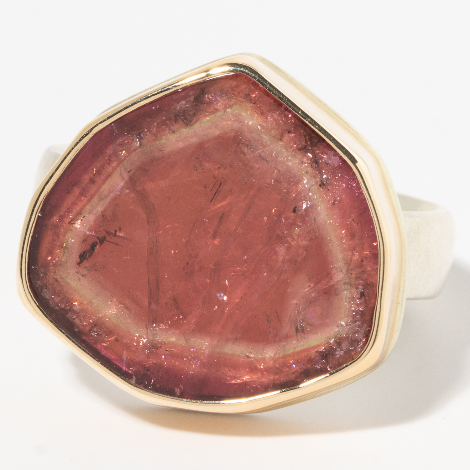 Jamie Joseph: Sterling & 14K Gold Ring w/ PINK TOURMALINE Slice on Comfort Band, measures 3/4" x 3/4"