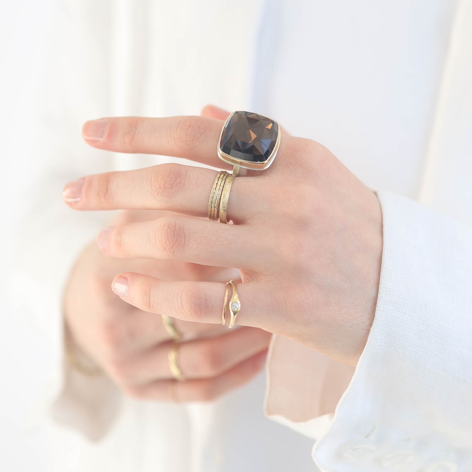 Jamie Joseph: Sterling & 14K Gold Ring w/ Square Rose Cut SMOKY QUARTZ on Comfort Band, measures 13/16" x 13/16"
