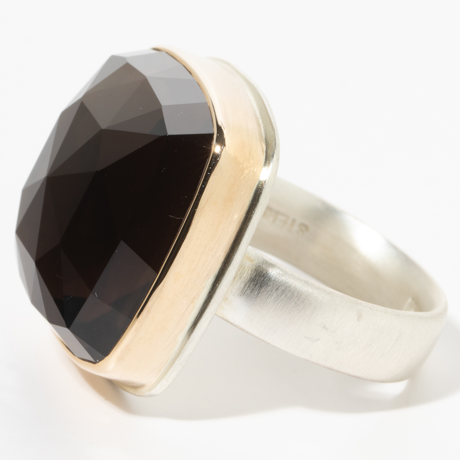 Jamie Joseph: Sterling & 14K Gold Ring w/ Square Rose Cut SMOKY QUARTZ on Comfort Band, measures 13/16" x 13/16"