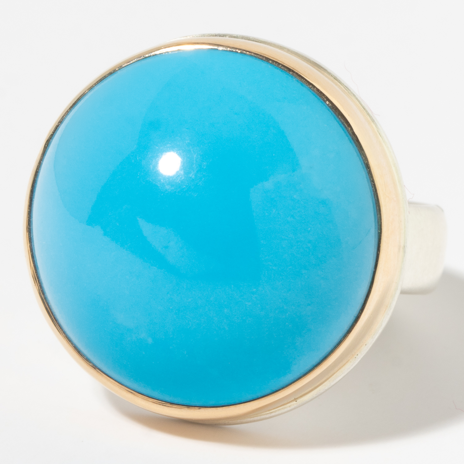 Jamie Joseph: Sterling & 14K Gold Ring w/ Round Smooth SLEEPING BEAUTY TURQUOISE on Comfort Band, size 8.5, measures 7/8" in diameter