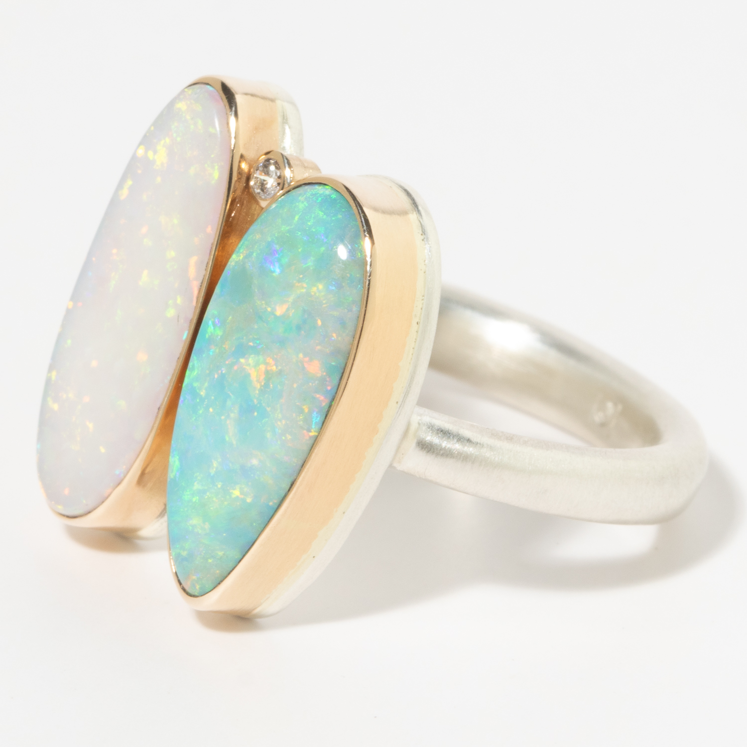 Jamie Joseph: Sterling & 14K Gold Ring w/ Double Asymmetrical AUSTRALIAN OPAL & .025 ct Satellite Diamond on Egyptian Band, size 7.5, measures 3/4" x 5/8"