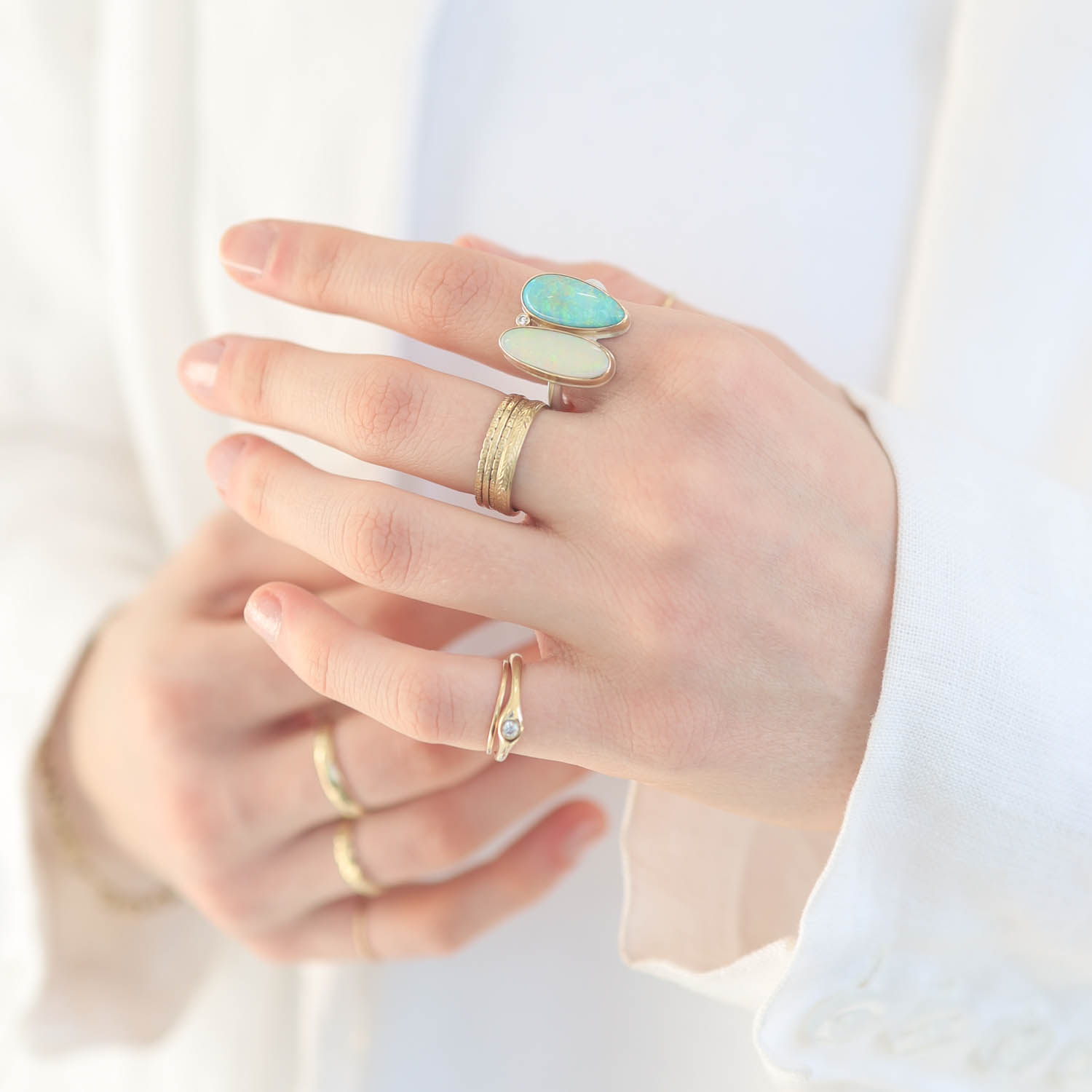Jamie Joseph: Sterling & 14K Gold Ring w/ Double Asymmetrical AUSTRALIAN OPAL & .025 ct Satellite Diamond on Egyptian Band, size 7.5, measures 3/4" x 5/8"